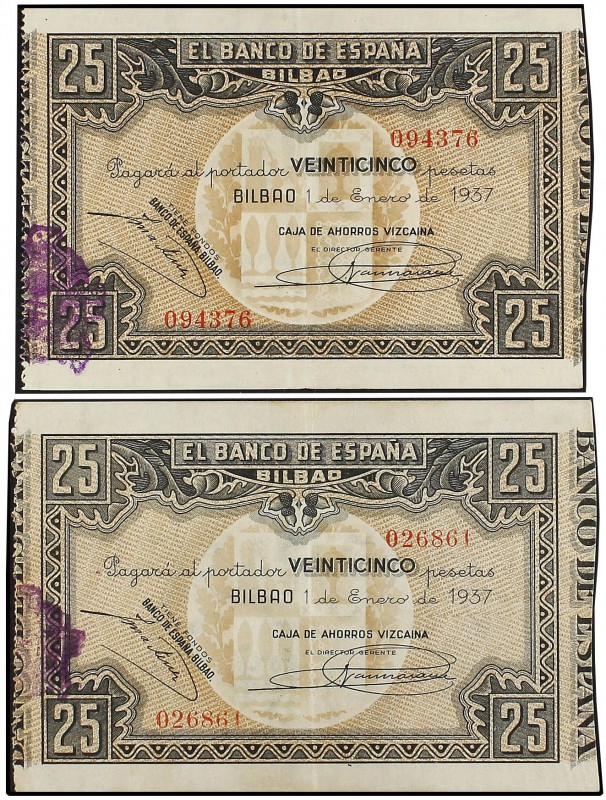 Lote 2 billetes 25 Pesetas. 1 Enero 1937. EL BANCO DE ESPAÑA. BILBAO. Los dos an...