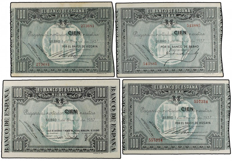 Lote 4 billetes 100 Pesetas. 1 Enero 1937. EL BANCO DE ESPAÑA. BILBAO. Las tres ...