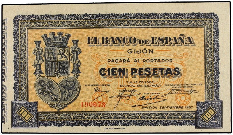 100 Pesetas. Septiembre 1937. EL BANCO DE ESPAÑA. GIJÓN. Ed-399. SC.