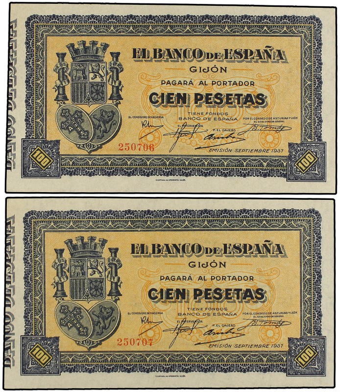 Lote 2 billetes 100 Pesetas. Septiembre 1937. EL BANCO DE ESPAÑA. GIJÓN. Pareja ...