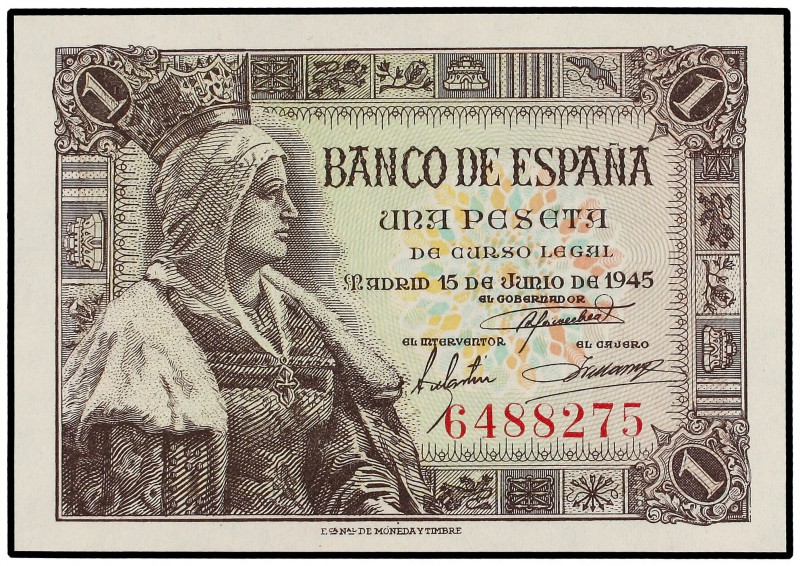 1 Peseta. 15 Junio 1945. Isabel ´La Católica´. Sin Serie. Ed-448. SC.