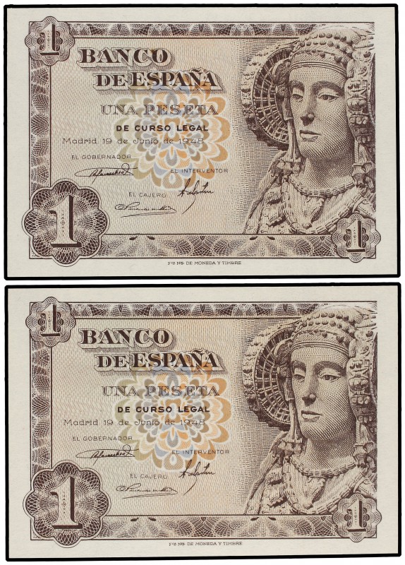 Lote 2 billetes 1 Peseta. 19 Junio 1948. Dama de Elche. Sin Serie, pareja correl...