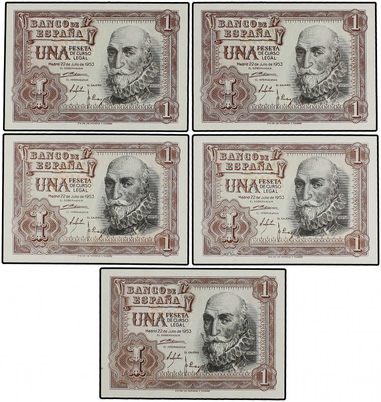 Lote 5 billetes 1 Peseta. 22 Julio 1953. Marqués de Santa Cruz. Sin Serie y Seri...