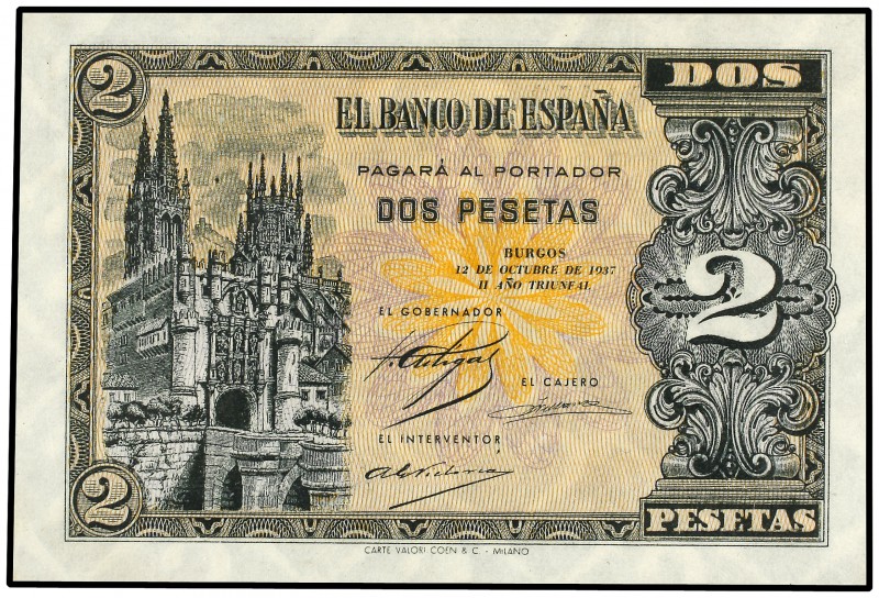 2 Pesetas. 12 Octubre 1937. Catedral de Burgos. Serie A. Precintado y garantizad...