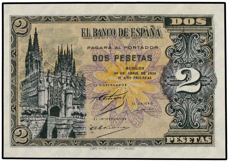 2 Pesetas. 30 Abril 1938. Catedral de Burgos. Serie B. Ed-429a. SC.