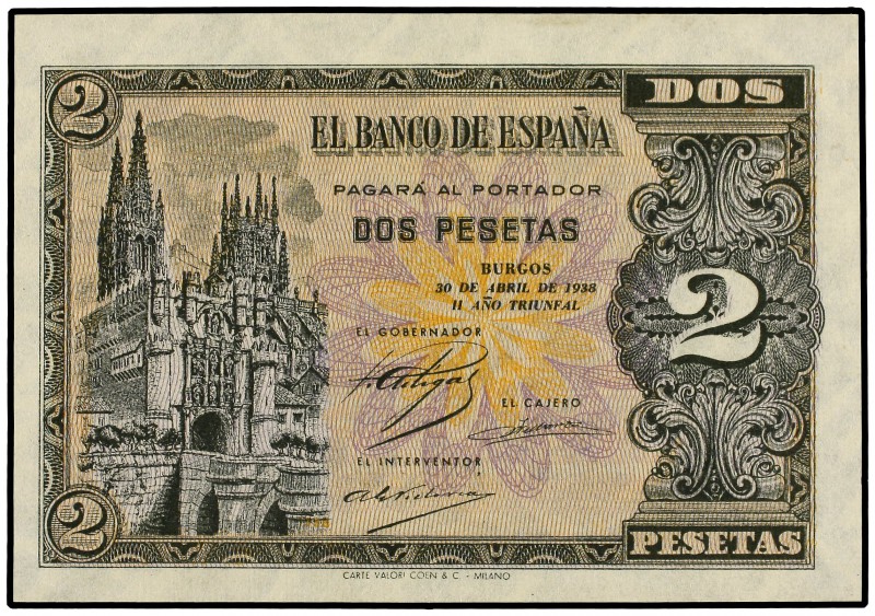 2 Pesetas. 30 Abril 1938. Catedral de Burgos. Serie F. Ed-429. SC-.