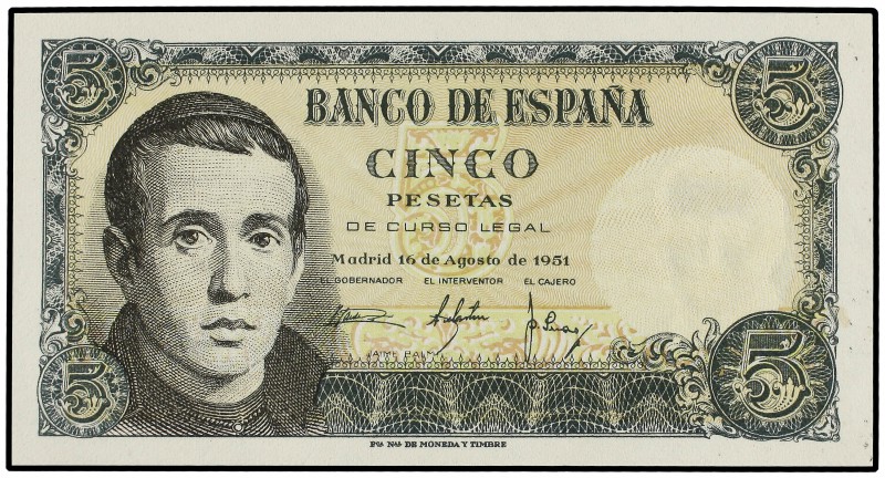 5 Pesetas. 16 Agosto 1951. Balmes. Sin Serie. (Leve arruguita). Ed-455. SC.