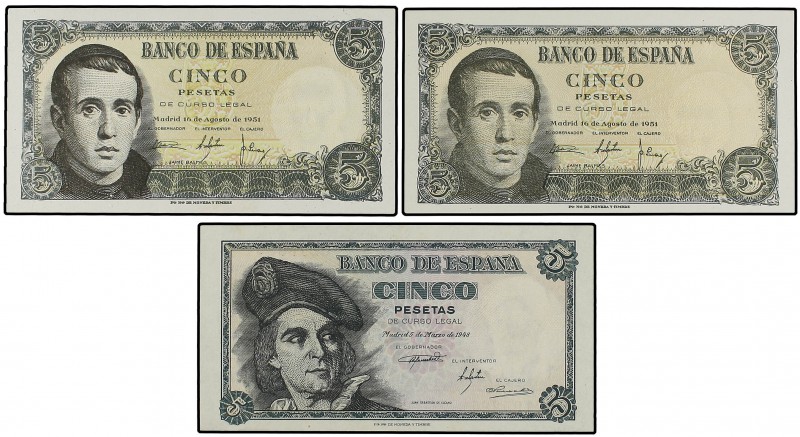 Lote 3 billetes 5 Pesetas. 1948 y 1951 (2). Elcano Sin Serie y Balmes Sin Serie ...