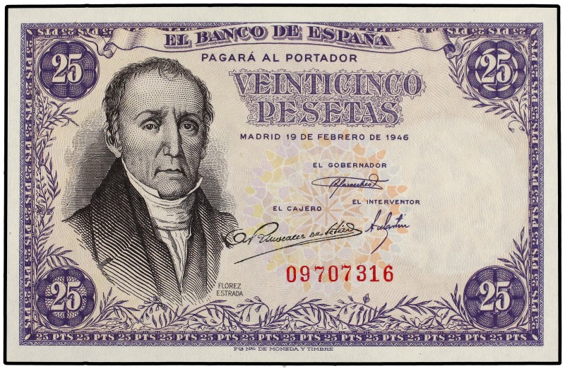 25 Pesetas. 19 Febrero 1946. Flores Estrada. Sin Serie. Ed-450a. SC.