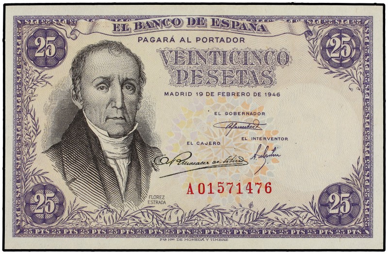 25 Pesetas. 19 Febrero 1946. Flórez Estrada. Serie A. Ed-450a. SC.