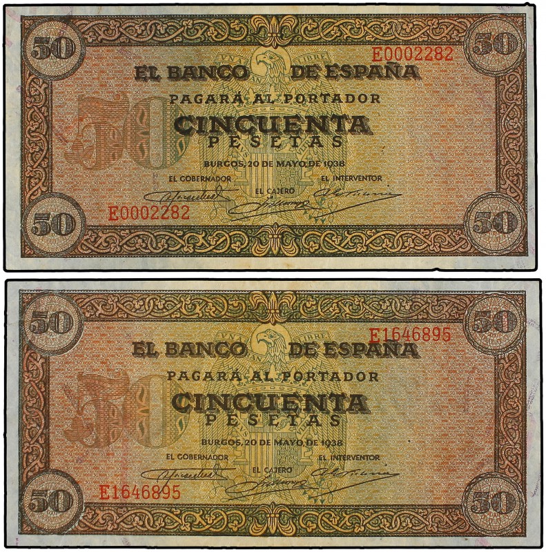 Lote 2 billetes 50 Pesetas. 20 Mayo 1938. Castillo de Olite. Serie E. A EXAMINAR...