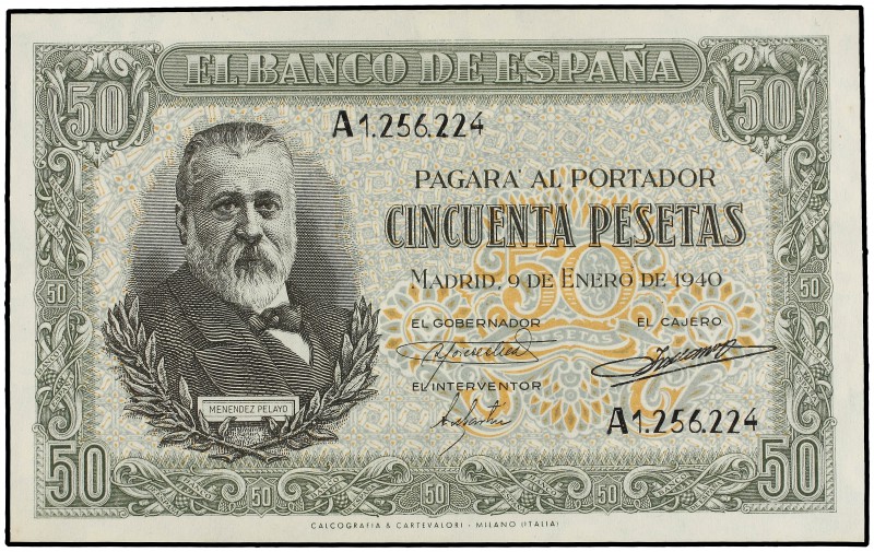 50 Pesetas. 9 Enero 1940. Méndez Pelayo. Serie A. Ed-437. EBC.