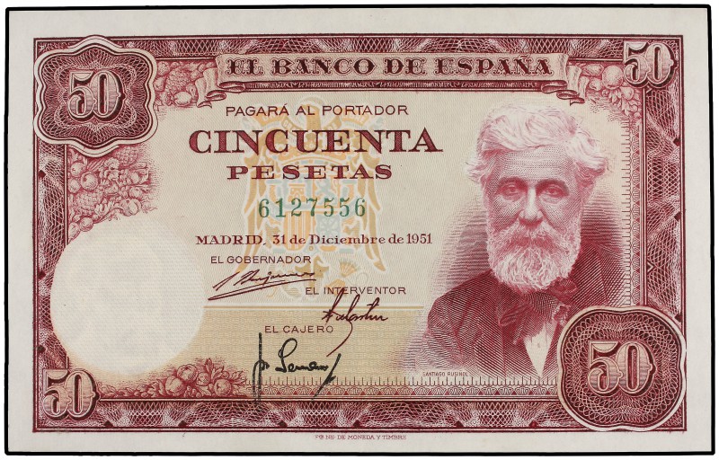 50 Pesetas. 31 Diciembre 1951. Rusiñol. Sin Serie. Ed-462. EBC-.