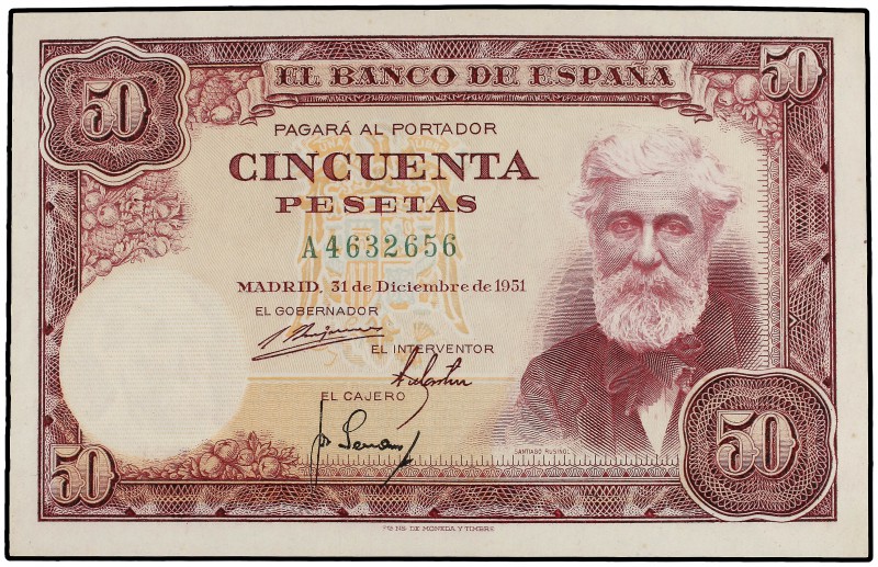 50 Pesetas. 31 Diciembre 1951. Rusiñol. Serie A. Ed-462a. EBC-.