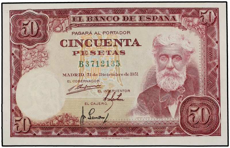 50 Pesetas. 31 Diciembre 1951. Rusiñol. Serie B. Ed-462a. EBC.