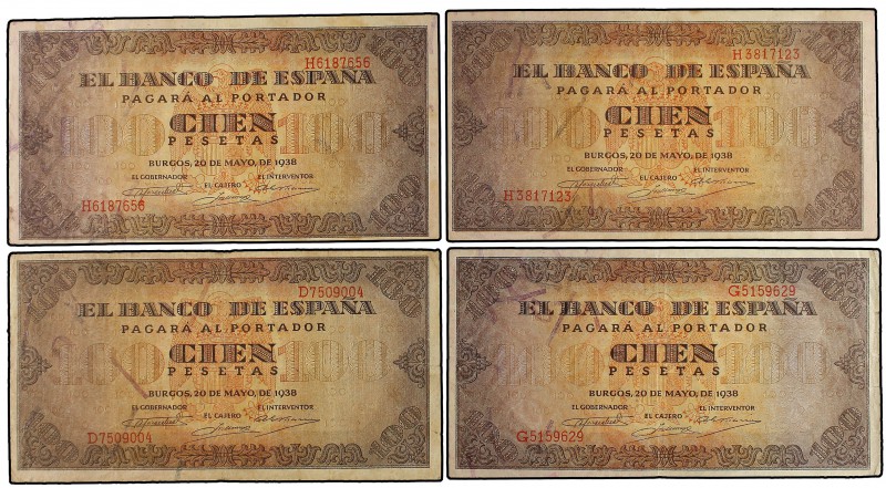 Lote 4 billetes 100 Pesetas. 1938. Casa del Cordón. Series D, G y H (2). A EXAMI...