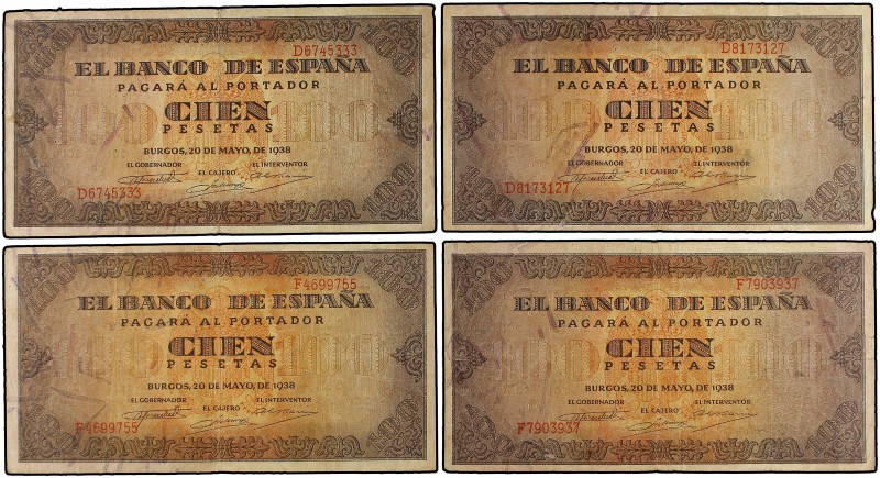 Lote 4 billetes 100 Pesetas. 1938. Casa del Cordón. Series D (2) y F (2). A EXAM...