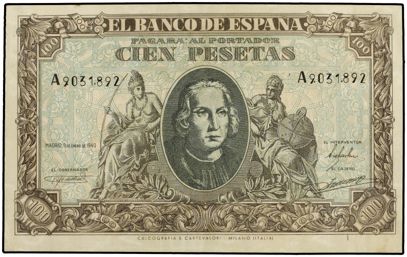 100 Pesetas. 9 Enero 1940. FALSO de ÉPOCA. Colón Serie A. Ed-438F. SC.