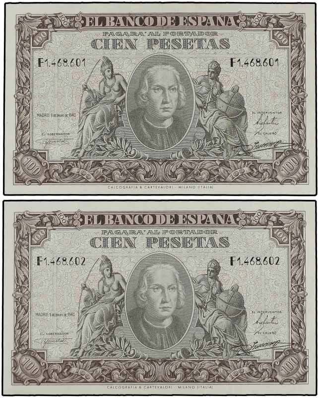 Lote 2 billetes 100 Pesetas. 9 Enero 1940. Colón. Serie F. Pareja correlativa. (...