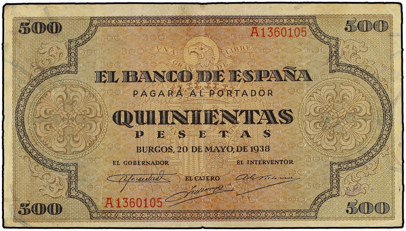 500 Pesetas. 20 Mayo 1938. Catedral de Santiago. (Levísimas roturas en margen). ...