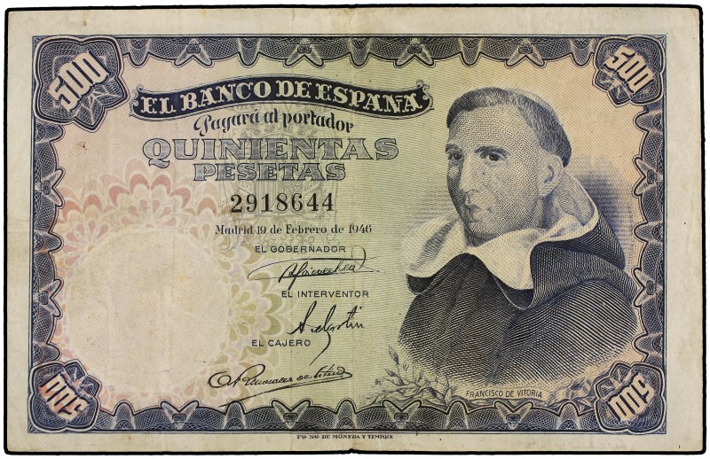 500 Pesetas. 19 Febrero 1946. Francisco de Vitoria. Ed-452. MBC.