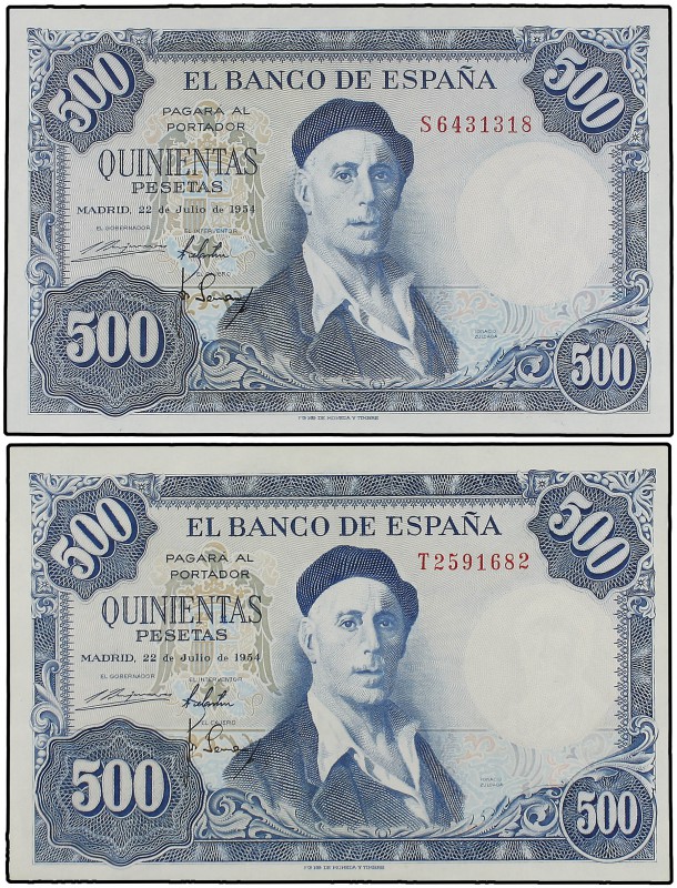 Lote 2 billetes 500 Pesetas. 22 Julio 1954. Zuloaga. Serie S y T. Ed-468b. EBC- ...