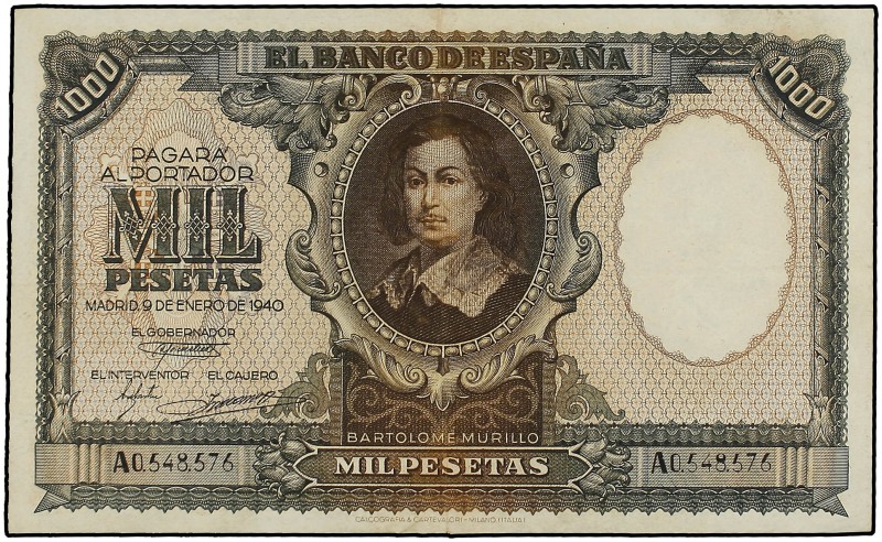 1.000 Pesetas. 9 Enero 1940. Murillo. (Pequeña reparación en margen superior). E...