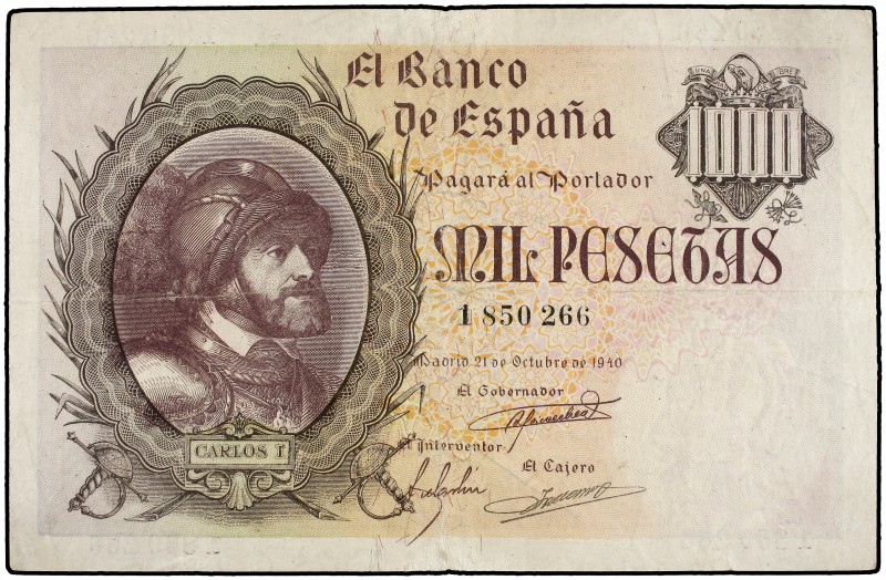 1.000 Pesetas. 21 Octubre 1940. Carlos I. (Leves reparaciones). Ed-445. MBC.