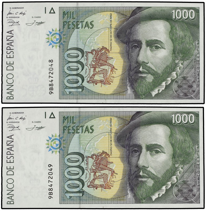 Lote 2 billetes 1.000 Pesetas. 12 Octubre 1992. Hernán Cortés. Serie sustitutiva...