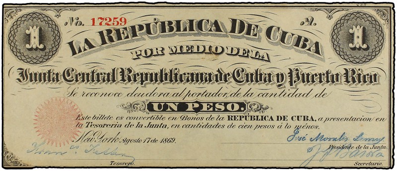 1 Peso. 17 Agosto 1869. JUNTA CENTRAL REPUBLICANA DE CUBA Y PUERTO RICO. (Pliegu...