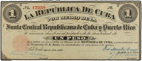 1 Peso. 17 Agosto 1869. JUNTA CENTRAL REPUBLICANA DE CUBA Y PUERTO RICO. (Pliegue vertical lateral izquierdo y leve rotura margen superior izquierdo)....