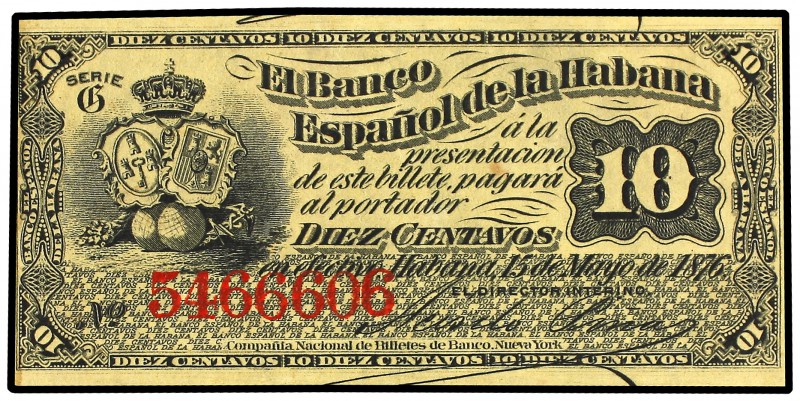 10 Centavos. 15 Mayo 1876. EL BANCO ESPAÑOL DE LA HABANA. Serie G. (Restos de fi...