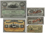 Lote 5 billetes 10, 50 Centavos, 1, 5 y 10 Pesos. 1876 y 1896 (4). EL BANCO ESPAÑOL DE LA ISLA DE CUBA (4) y EL BANCO ESPAÑOL DE LA HABANA. 50 Centavo...