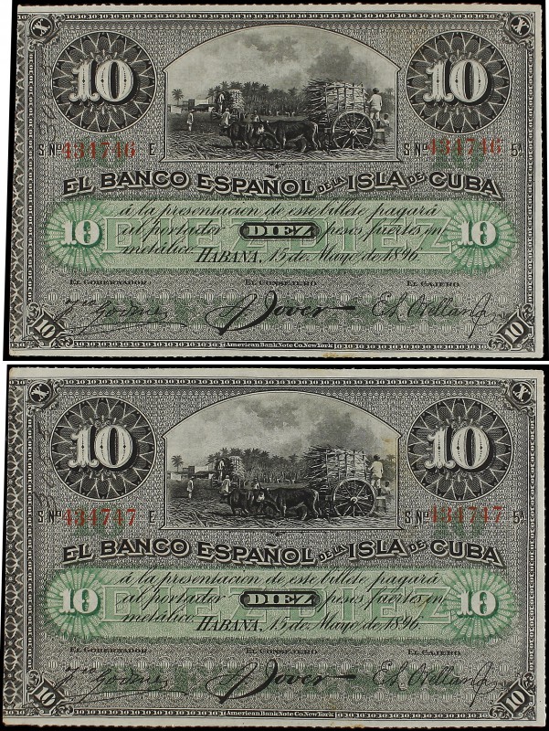Lote 2 billetes 10 Pesos. 15 Mayo 1896. EL BANCO ESPAÑOL DE LA ISLA DE CUBA. Par...