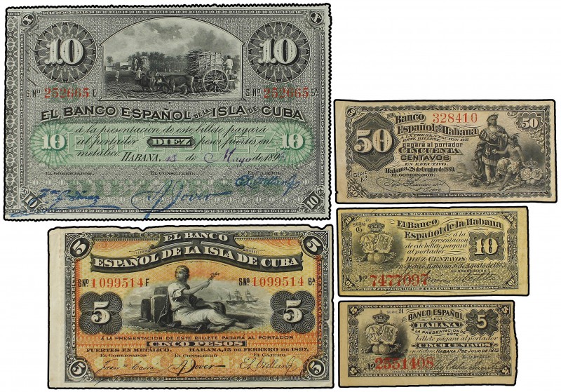 Lote 5 billetes 5, 10, 50 Centavos, 5 y 10 Pesos. 1872, 1883, 1889, 1897 y 1896....