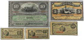 Lote 5 billetes 5, 10, 50 Centavos, 5 y 10 Pesos. 1872, 1876, 1883 y 1896 (2). EL BANCO ESPAÑOL DE LA HABANA (3) y EL BANCO ESPAÑOL DE LA ISLA DE CUBA...