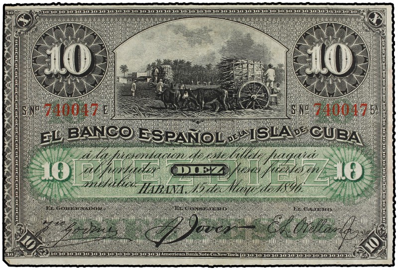10 Pesos. 15 Mayo 1896. EL BANCO ESPAÑOL DE LA ISLA DE CUBA. Sobrecarga roja PLA...