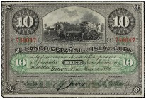 10 Pesos. 15 Mayo 1896. EL BANCO ESPAÑOL DE LA ISLA DE CUBA. Sobrecarga roja PLATA en reverso. Numeración capicúa (740047). Ed-82. MBC+.