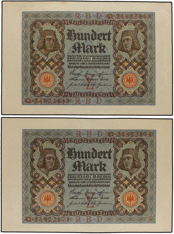 Lote 2 billetes 100 Marcos. 1.11.1920. ALEMANIA. (Dobles en esquina). Pick-69. S...