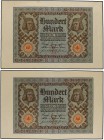 Lote 2 billetes 100 Marcos. 1.11.1920. ALEMANIA. (Dobles en esquina). Pick-69. SC-.