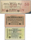 Lote 3 billetes 5, 10 y 50 Millones de Marcos. 1923. ALEMANIA. (El de 50 Millones esquina inferior derecha manchada de tinta). A EXAMINAR. Pick-98b, 1...