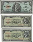 Lote 3 billetes 5 Pesos. 1958 y 1960. CUBA. Máximo Gómez. WPM-91a, 91c, 92a. SC- a SC.