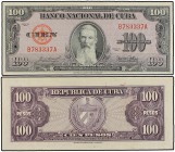 Lote 2 billetes 100 Pesos. 1954. CUBA. Aguilera. Serie A y serie B. (Leves arruguitas). Pick-82a. EBC.
