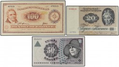 Lote 6 billetes 1, 10 (2), 20 y 100 Kroner. DINAMARCA. Pick-12, 31, 48, 49, 55. MBC+ a EBC.