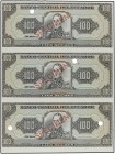 Lote 3 billetes 100 Sucres. (1988-1997). ECUADOR. Simón Bolívar. Sin numeración, fecha ni firmas. En bloque de tres sin cortar. Los tres sobrecarga SP...