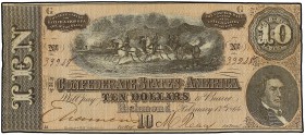 10 Dólares. 17-1-1864. ESTADOS UNIDOS. ESTADOS CONFEDERADOS DE AMÉRICA. RICHMOND. Cañón tirado por junta de caballos al centro, a derecha retrato de M...