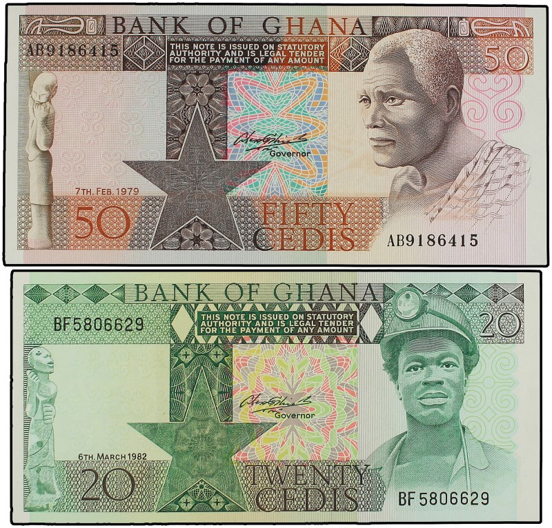 Lote 2 billetes 20 y 50 Cedis. 7 Febrero 1979 y 6 Marzo 1982. GHANA. Minero y pe...