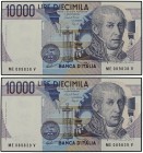Lote 2 billetes 10.000 Liras. 1984. ITALIA. A. Volta. Pareja correlativa. WPM-112b. SC.