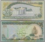 Lote 2 billetes 100 Rufiyaa. 1995 a 2000. MALDIVAS. Tumba de Medhuziyaaraiy. Pick-22a, 22b. SC.