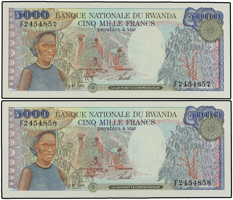 Lote 2 billetes 5.000 Francos. 1 Enero 1988. RUANDA. Lago y montañas. Pareja cor...